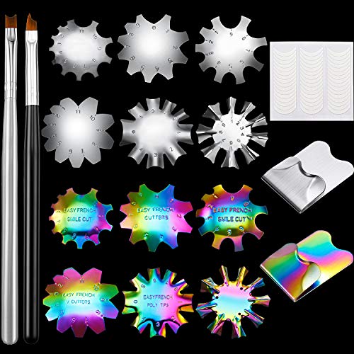 14 Pieces French Smile Line Cutter Stainless Steel Nail Manicure Edge Trimmer French Tip Cutter, 2 Pieces French Nail Tip Brush with French Smile Sticker for DIY Nail Art