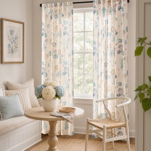 Image of jinchan Floral Linen Curtains 84 Inch Vintage Cottagecore Back Tab 2 Panels