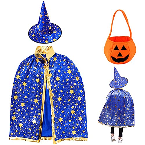 POBEC Halloween-Kostüm, Zauberer-Umhang, Hexenumhang mit Hut und Kürbis-Süßigkeitsbeutel, Performance-Cosplay-Kostüm, kleine Hexe, Zauberer für Kinder, Jungen, Mädchen (Blue) Cover