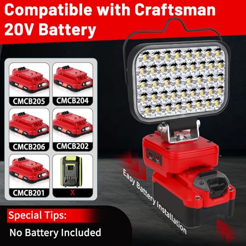 Image of Work Light for Craftsman V20 Battery,84W 8000LM Portable Cordless Floodlight with USB&Type C Fast Charging Port for Craftsman Tools,LED Spotlight for Camping,Fishing,Workshop
