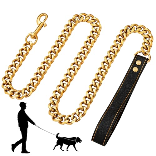 Guinzaglio a catena per cani color oro resistente con comodo manico, 1,2 m di lunghezza, 19 mm di larghezza, in solido acciaio inossidabile, a prova di masticazione, per cani di taglia media e grande
