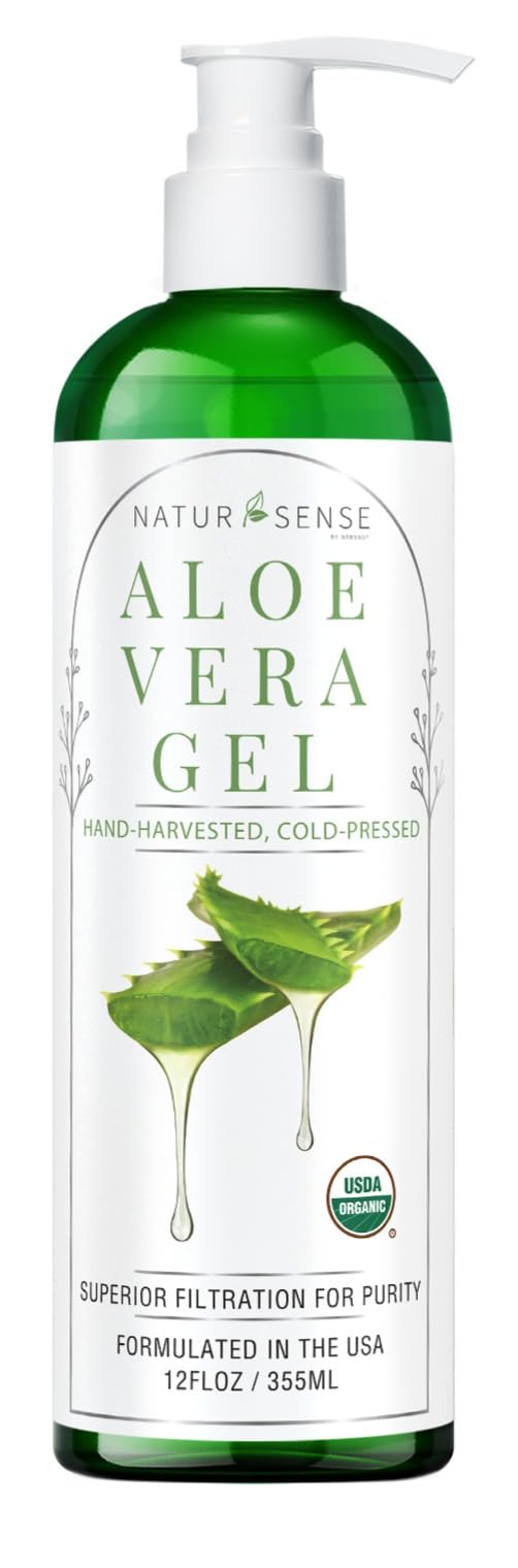 NaturSense USDA Organic Aloe Vera Gel from 100% Pure Aloe. Deep Hydration, Effective Moisturizing. Great for Hair, Scalp, Face, Dry Skin, Acne, Sunburn, Sensitive Skin. Unscented, 12 oz.USDA Organic
