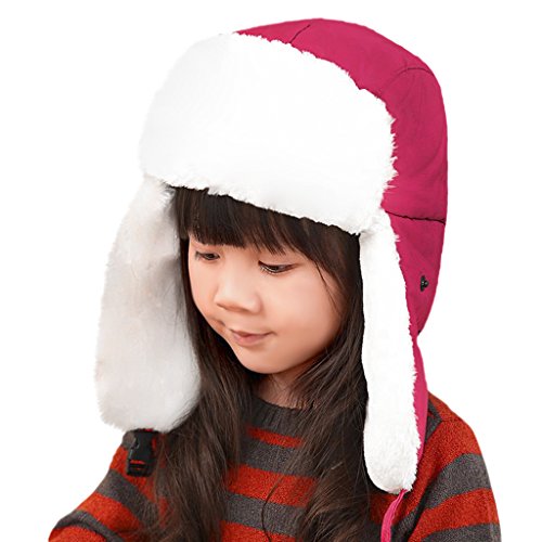 Unisex Kids Teens Girls Boys Faux Fur Winter Warm Trapper Hat With Ear Flaps,Windproof Face Mask Fleece Thermal Outdoor Snow Ski Russian Ushanka Cap Trapper Trooper Pilot Aviator Hat Headwear Rose Red One Size #TOP6