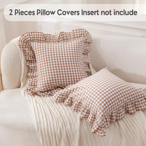 2 Pack Taupe Plaid Pillow Covers 18x18 inches, 2 Pack 100% Washed Cotton Gingham Throw Pillow, Vintage Checkered Ruffle Pillow Shams Pillow Cases for Sofa, Bed, Living Room