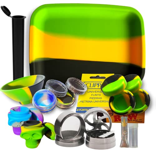Plateau à rouler - Set d'accessoires 12 pièces + Grinder (plateau, bol et 2 pots transparents, 4 pots en silicone, embout en verre Cover