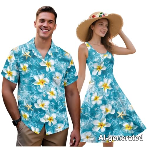 Image of Hawaii Matching Couple Outfits Husband and Wife Clothing Fashionable Mens Casual Shirts Hawaii Dress with Soft Fabric