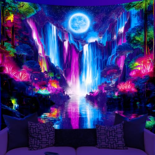 WEBEEDY Blacklight - Tapiz de cascada de fantasía para colgar en la pared, reactivo a los rayos UV, brilla en la oscuridad, luna, bosque, telón de fondo para sala de jugadores, dormitorio, sala de