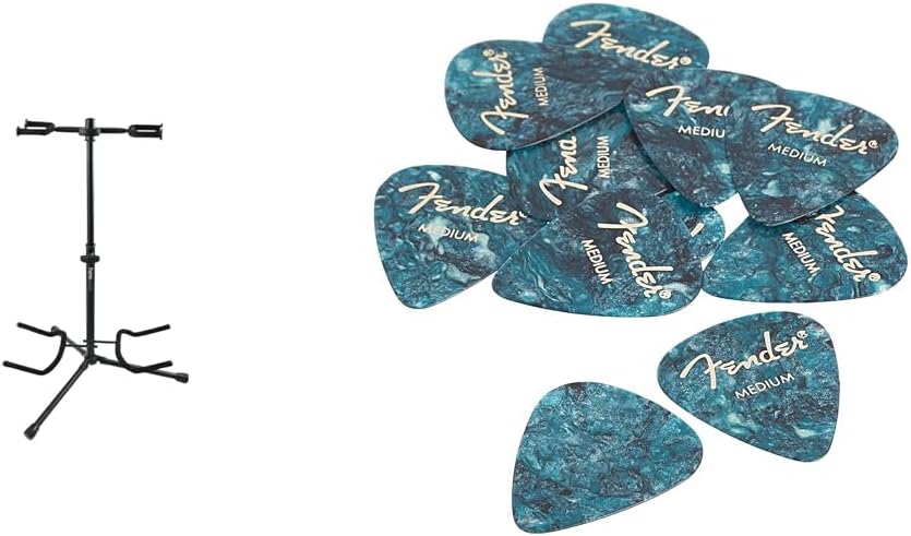 Gator Frameworks Adjustable Double Stand Holds Two Electric or Acoustic Guitars (GFW-GTR-2000) & Fender Premium Celluloid Guitar Picks, 351 Shape, Ocean Turquoise, Guitar Picks Medium, Pack of 12