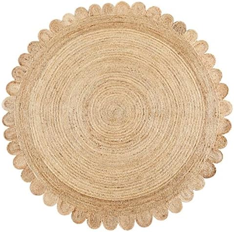 4x4, 5x5, 6x6,feet Natural Jute Scallop Round Rug, Floor Scalloped Edge Rug Braided Boho Eco Large Circular Handmade Area Rugs (Natural, 6x6 Ft Round Rug)
