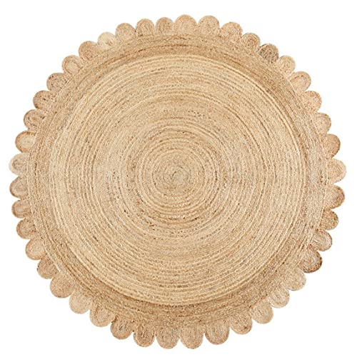 4X4, 5X5, 6X6,Feet Natural Jute Scallop Round Rug, Floor Scalloped Edge Rug Braided Boho Eco Large Circular Handmade Area Rugs (Natural, 6X6 Ft Round Rug) #TOP27