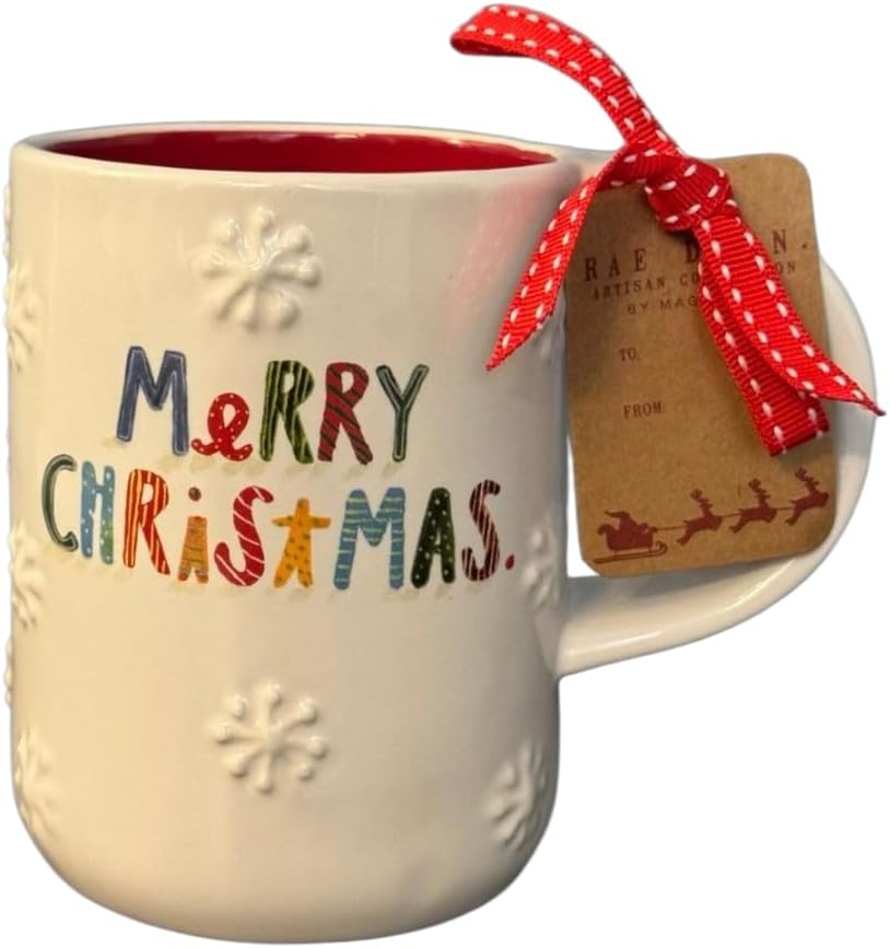 Rae Dunn christmas ceramic coffee mug, winter tea cup (Merry Christmas Snowflakes)