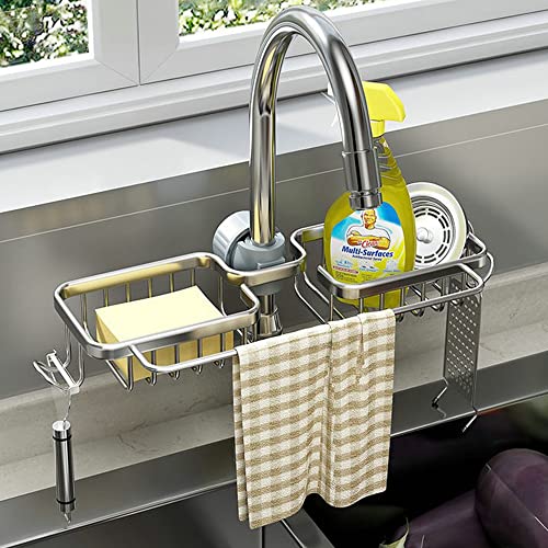 WINGSIGHT Faucet Sponge Holder Upgraded Kitchen Sink Caddy Organizer with Dish Towels Drying Rack & Hooks Over Faucet Hanging Faucet Drain Rack for Sink Organizer (Double-with Towel Rack, Silver)