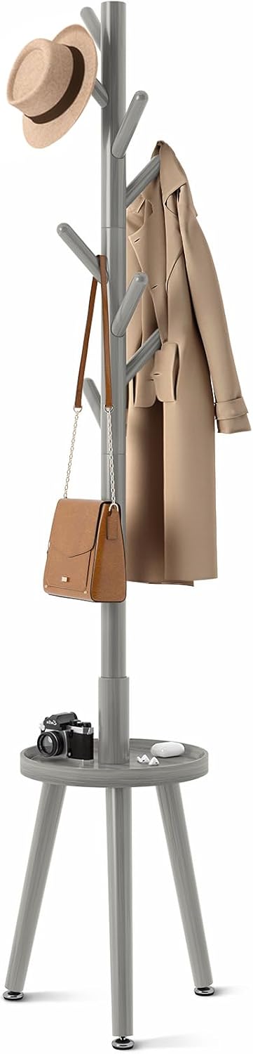GREENSTELL Coat Rack with 8 Hooks, Wooden Coat Rack Freestanding with Shelf, Coat Tree with 4 Height Options 50.5"-72.6", Coat Hanger Stand for Bags, Clothes, Umbrellas, Hats, in Home, Gray