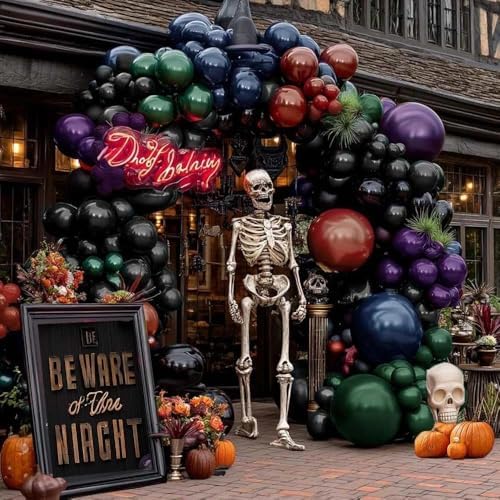 Halloween Balloon Arch Double Stuffed, Dark Green Navy Blue Burgundy Purple Black Balloon Garland Kit for Halloween Birthday Witch Gothic Spooky Magic School Party Decoration