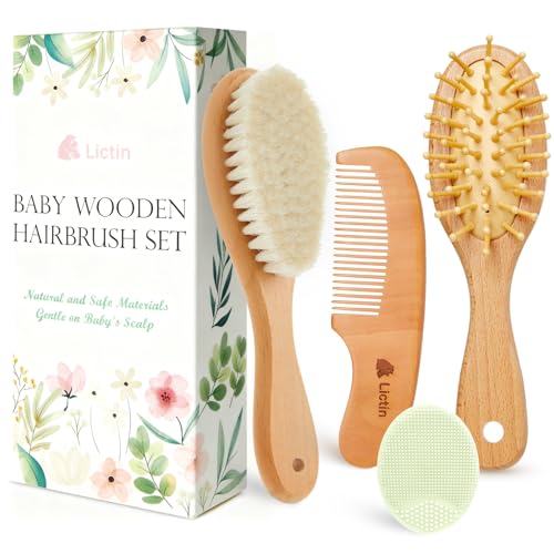Image of Lictin Baby Hair Brush and Comb Set, 4 Pcs Newborn Hair Brush with Soft Bristle, Natural Goat Hair and Wood Baby Cradle Cap Comb for Newborns & Toddlers, Newborn Baby Essentials, Perfect Registry Gift