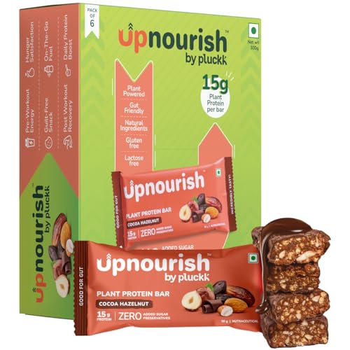Image of Upnourish by Pluckk | 15G Plant Protein Bar | Cocoa Hazelnut | No Preservative | No Added Sugar | Gut Friendly (Pack of 6) - 300G