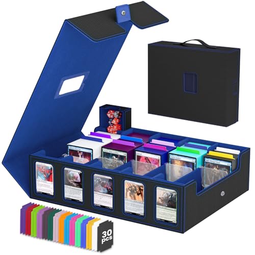 Image of Trading Card Storage Box, 5 Row Card Deck Case with Commander Display & Portable Handle, 4200+ Card Deck Boxes Compatible for MTG TCG Magic Cards, 30 Divider, 8 Supporters, 1 Dice Tray (Black & Blue)