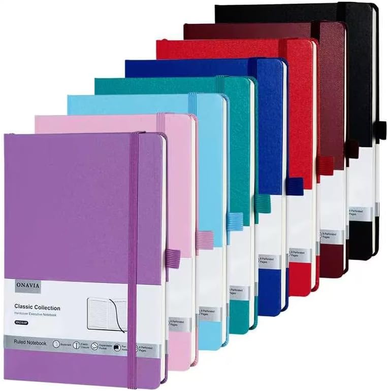 Paquete de 8 cuadernos rayados para trabajo, viajes, universidad (tamaño A5, papel grueso de 3.53 ozyd) Bloc de notas de tapa dura a rayas clásicas