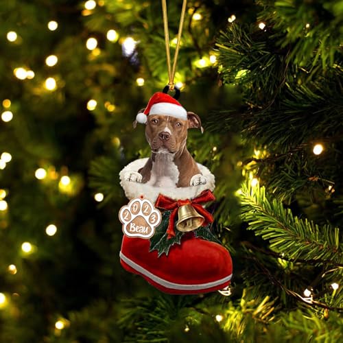 Personalized American Staffordshire Terrier Ornaments - Brown Santa Boot Christmas Tree Decorations