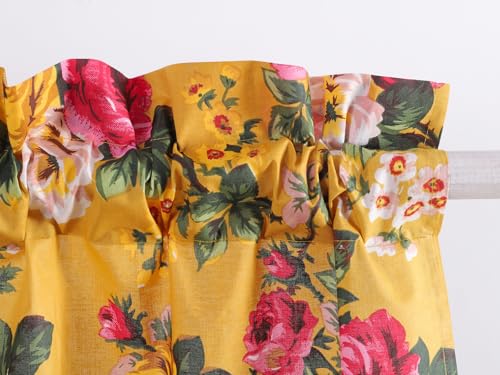 Image of Ravaiyaa - Attitude is everything Hand Printed Half Window Kitchen Curtain 100% Cotton Short Drapery Valance Curtain 40 inch X 18 inch Inch (Yellow Floral)