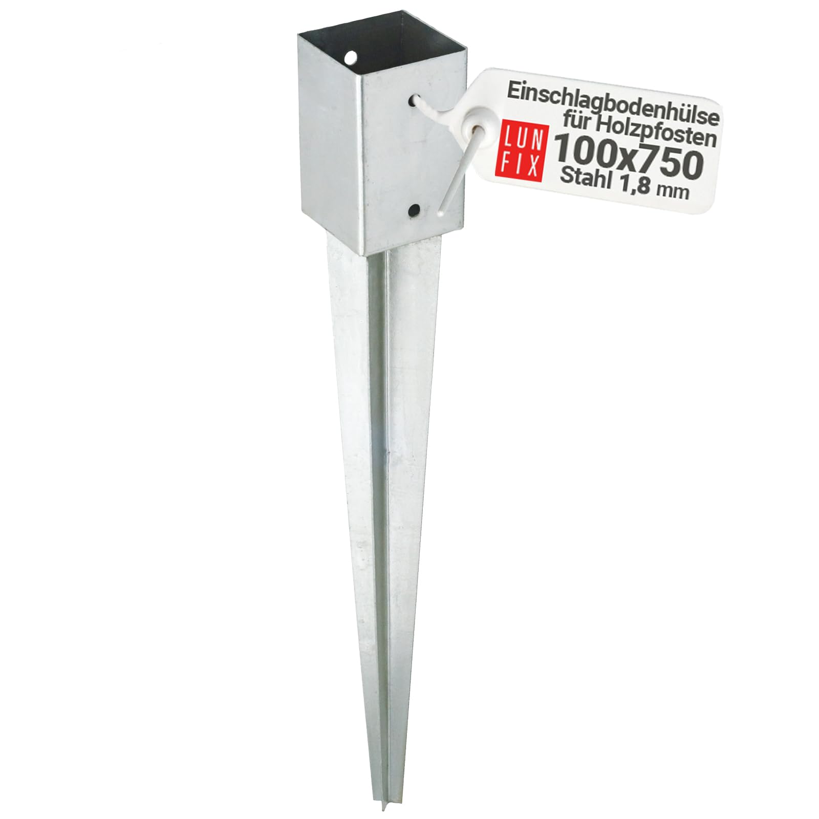 Soporte de Poste para Madera 100x100 mm, Acero Galvanizado, Punta de Anclaje al Suelo 750mm, Espesor 1.8 mm, Base Metálica para Valla Jardín, Fijación Poste Cuadrado Exterior, Lun Fix