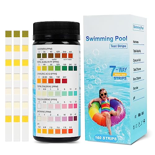160 Tiras de Prueba de Agua, Kit Piscina pH y Cloro, 7 en 1 Tiras Piscina para Precisión la Dureza, la Alcalinidad Total, el Ácido Cianúrico, el Cloro Total, el Cloro Libre, el Bromo y el pH