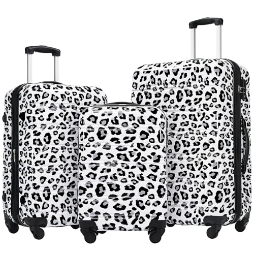 Hardshell Luggage Set with Spinner Wheels, Lightweight TSA Lock, Leopard Print Decoration, 3 Piece (20/24/28) Suitcase Set
