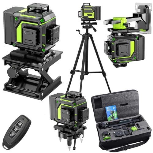 Niveau Laser Chantier Autonivelant 360° x 4 Avec trépied, Lazer Niveaux 4D 16 Lignes Laser, Mode Impulsion ExtéRieur, 2 x Batterie, Nivellement Automatique, Support Rotatif, Télécommande