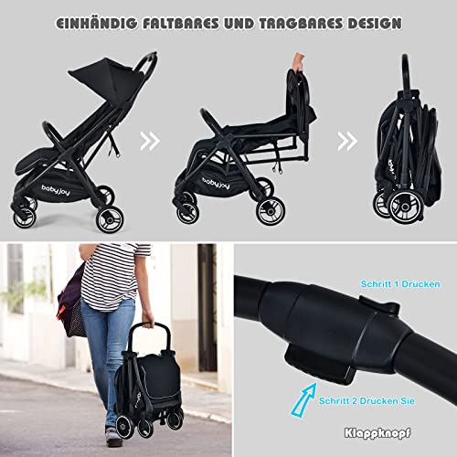 COSTWAY Ein-Knopf-Klappbar Kinderwagen, Leichter Kinderbuggy mit Verstellbarer Rückenlehne & Fußstütze & Verdeck, Liegewagen mit Sicherheitsgurt & Bremsrädern für Baby 0-36 Monaten (Schwarz)