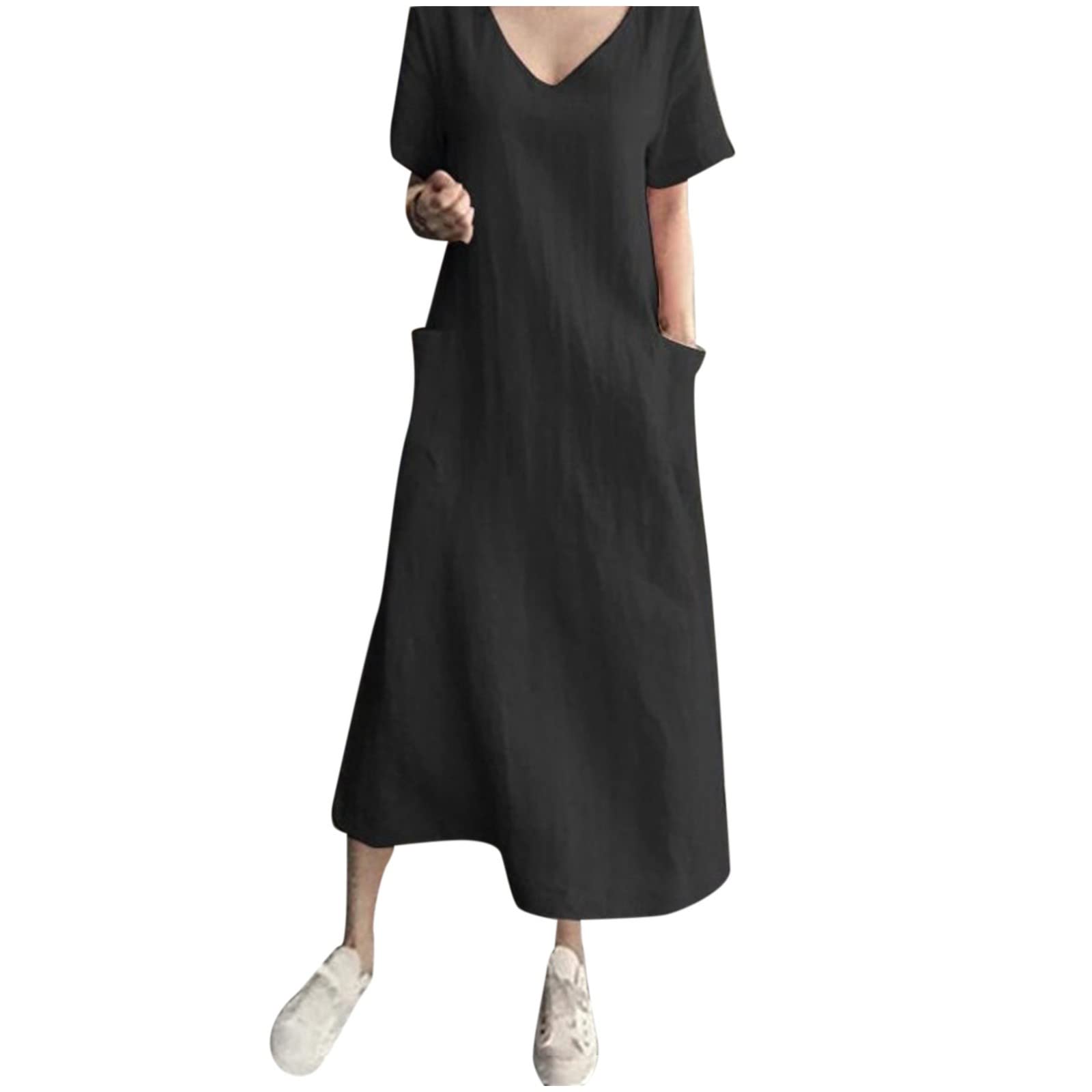 Generic Vestidos camiseros de lino con botones para mujer, vestidos casuales de verano de manga larga con botones para mujer, vestidos casuales de primavera, trabajo, playa, 2024