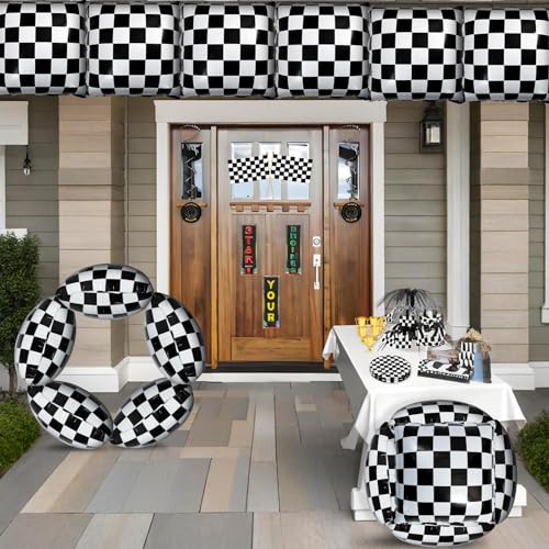 Image of 20Pcs Race Car Square Balloons Black and White Checkered Balloon Set for Boy Adult Wheel Tire Checkered Party Decoration for Racing Party Square Balloon Wall, Boys Birthday Favors 13.3In