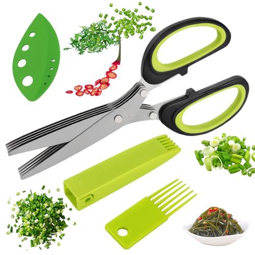 Arvoni 4 Piezas Tijeras para Hierbas de 5 Capas, Tijeras para Hierbas con Cubierta de Tijera, Peine de Limpieza, Desbrozadora de Hierbas, Tijeras de Cocina para Hierbas, Cebollino, Perejil