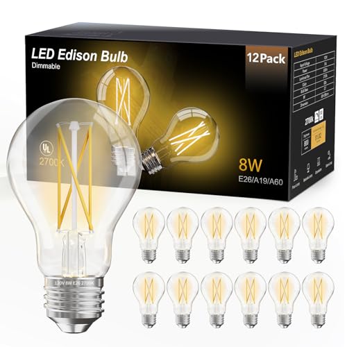 DAYBETTER 12 Pack A19 Vintage LED Edison Bulbs, 60W Equivalent, Dimmable, High Brightness 2700K Warm White, 800 Lumens, 8W E26 Standard Base, CRI80+, Clear Glass Filament Bulb for Living Room