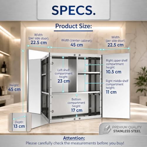 Image of Dropin (18x18 Inch, Chrome Finish 304 Stainless Steel Bathroom Mirror Cabinet, Heavy-Duty Storage Cabinet /Wall Mounted Mirror Bathroom Cabinet Separate Compartments for Storage