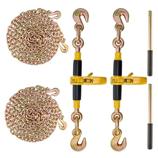 VEVOR 3/8"-1/2" Ratchet Chain Binder with Chain, G80 12000 lbs Secure Limit, Heavy Duty Load, Labor-Saving Anti-Skid Handle, Tie Down Hauling Chain Binders for Flatbed Truck Trailer, 2 Set & Yellow