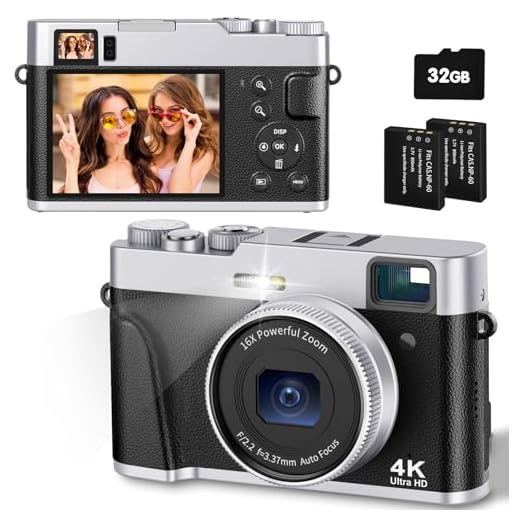 CAMKORY Camara de Fotos Digital 4K 48MP Autofoco Tarjeta 32G Visor Optico Cámara Digital Compacta Fácil de Usar Zoom 16x Flash Estabilización Imagen Ligero para Principiante 2 Baterías Negro