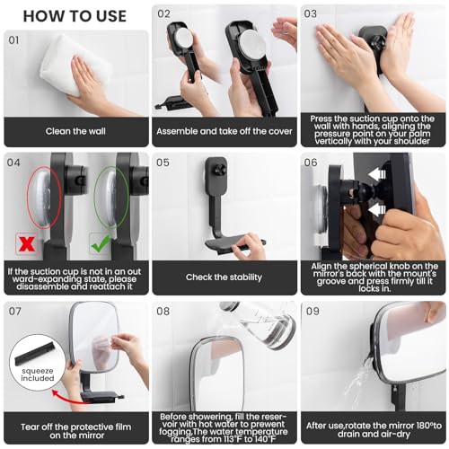 Image of TAILI Shower Mirror Fogless for Shaving, Black | Razor Holder, Removable Fog Free Suction, Squeegee Included, Adjustable, Shatterproof