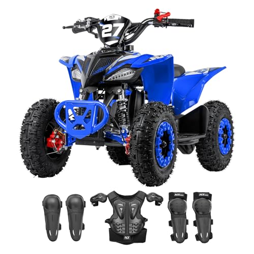 YATORP 50cc Kids Gas ATV with Adjustable Speed Limiter and Safety Tether Kill Switch, 2-Stroke Pull Start 4 Wheeler, Hydraulic Disc Brakes, 31 Mile Range, Free Protective Gear for Young Riders, Blue