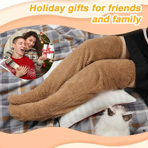 Image of Plush Warmth Long Socks, Over Knee High Fuzzy Socks Fuzzy Leg Warmers Plush Slipper Stockings Teddy Leg Long Sock Furry Long Leg Warmers Fuzzy Thigh High Socks for Women Winter Home Sleeping Socks