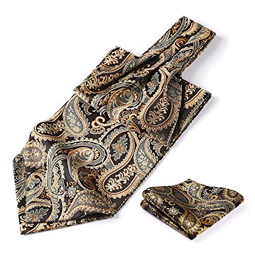 HISDERN Gold Cravat for Men and Pocket Square Set Paisely Ascot Tie Mens Ascot Scarf Handkerchief Wedding