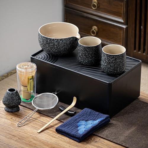 TEANAGOO Matcha-Set + 2 Tassen mit Aufbewahrungsbox, 12-teiliges Reise-Matcha-Teeset, Keramik-Matcha-Schüssel (530 ml), Matcha-Tasse (204 ml), Bambus-Schneebesen (Lifestyle-本立), Sieb, WS1,