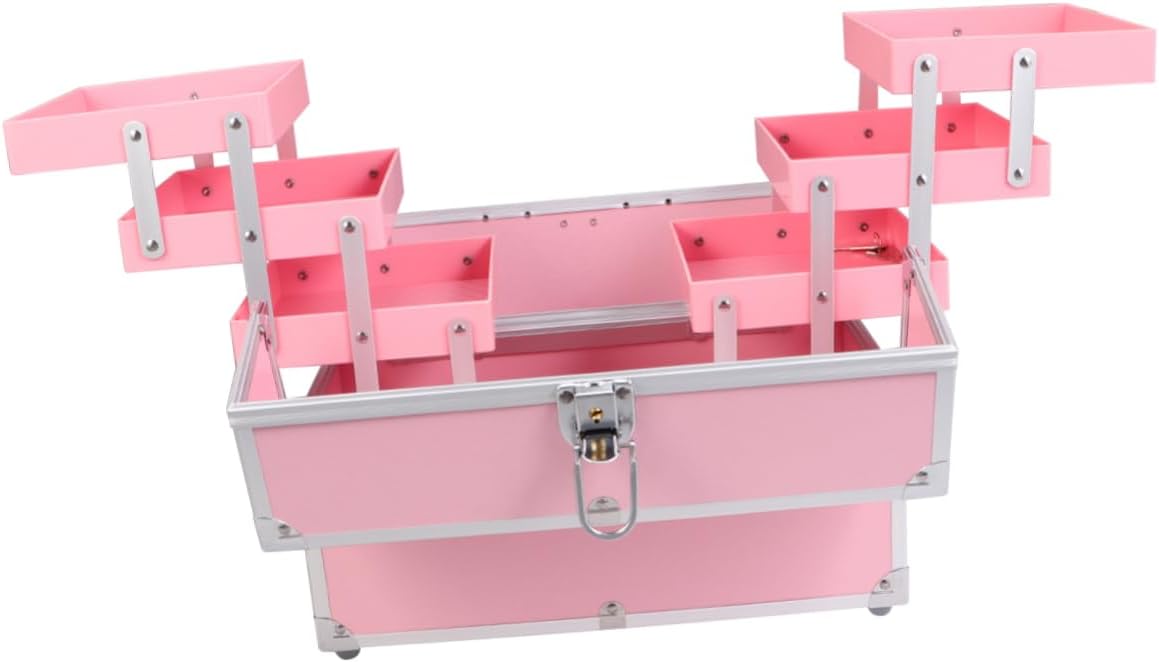 Outanaya Handheld Makeup Train Case 3 Tiers Portable Cosmetics Box Organizer for Travel Pink Lockable Compartments for Jewelry and Toiletries