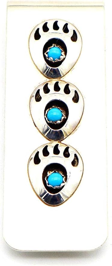Indian Money clip 3 Bear Paws with Stabilized Blue Turquoise set in Shadow Box