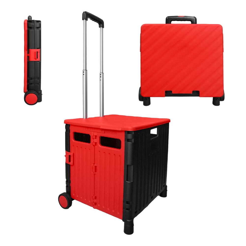 Berry 50L Foldable Shopping Trolley - Red & Black, 40KG Plastic Trolley Cart with 2 Wheels and Lid, Portable Cart with Telescopic Handle, Large Multipurpose Utility Cart for Shopping, Teacher
