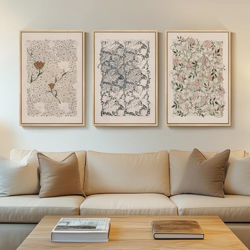 Framed Large William Morris Canvas Wall Art Set of 3, Vintage Nature Floral Artwork Prints, Boho...