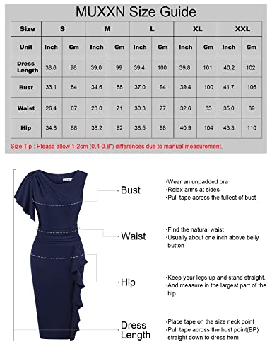 Muxxn Women's Elegant Midi Pencil Sleeveless Crew Neck Bodycon Vintage Office Pleated Wear To Work Dress Navy Blue M #TOP6