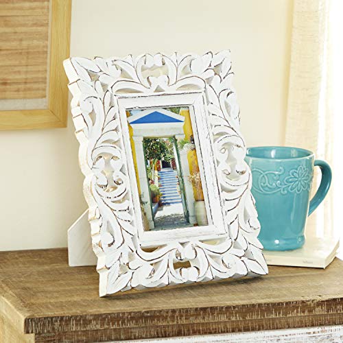 Deco 79 Mango Wood Scroll Handmade Intricate Carved Photo Frame, 8" X 1" X 10", White #TOP8