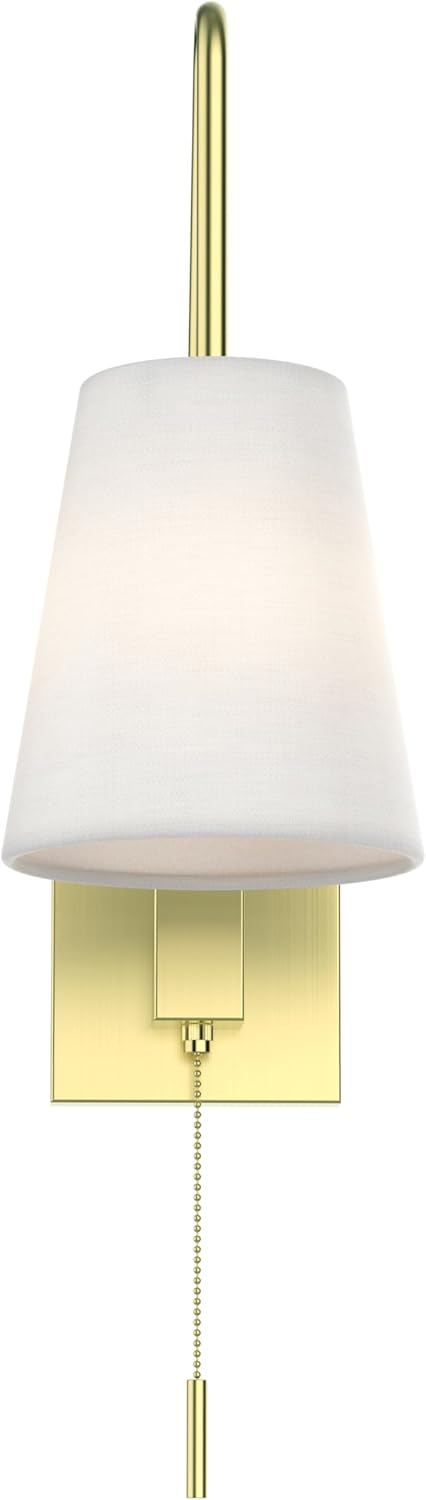 Wall Sconce with Pull Chain Switch, Bedside Wall Mounted Reading Lamps with Adjustable Sloped Arm and Fabric Linen Shade, Hardwired (Brushed Gold)