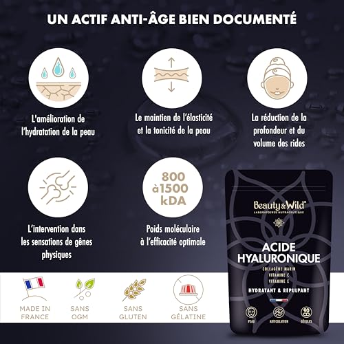 Acide Hyaluronique, Collagène Marin Naticol + Vitamine C + Vitamine E, complément alimentaire acide hyaluronique pour la peau et les articulations, 90 gélules pour 45 jours, Made in France – Image 4
