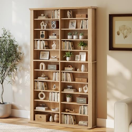 LEVNARY 71″ Media Storage Tower, 22-Compartment Multimedia Cabinet with Adjustable Shelves, Fluted Grooved Sides, Anti-Tip Kit, for Movies, Games and Books (Natural)